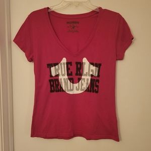 True Religion Red Overlay HS Deep V-Neck Tee, Size S